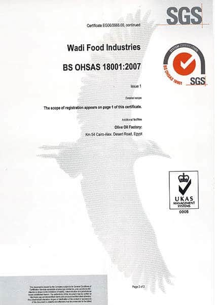Certified ISO 22000:2005 certificate for receiving, packaging, sales and distribution of naturally pickled olives, pickled vegetables, extra virgin, virgin olive oil and natural vinegar.  