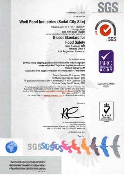 Certified ISO 22000:2005 certificate for receiving, packaging, sales and distribution of naturally pickled olives, pickled vegetables, extra virgin, virgin olive oil and natural vinegar.  